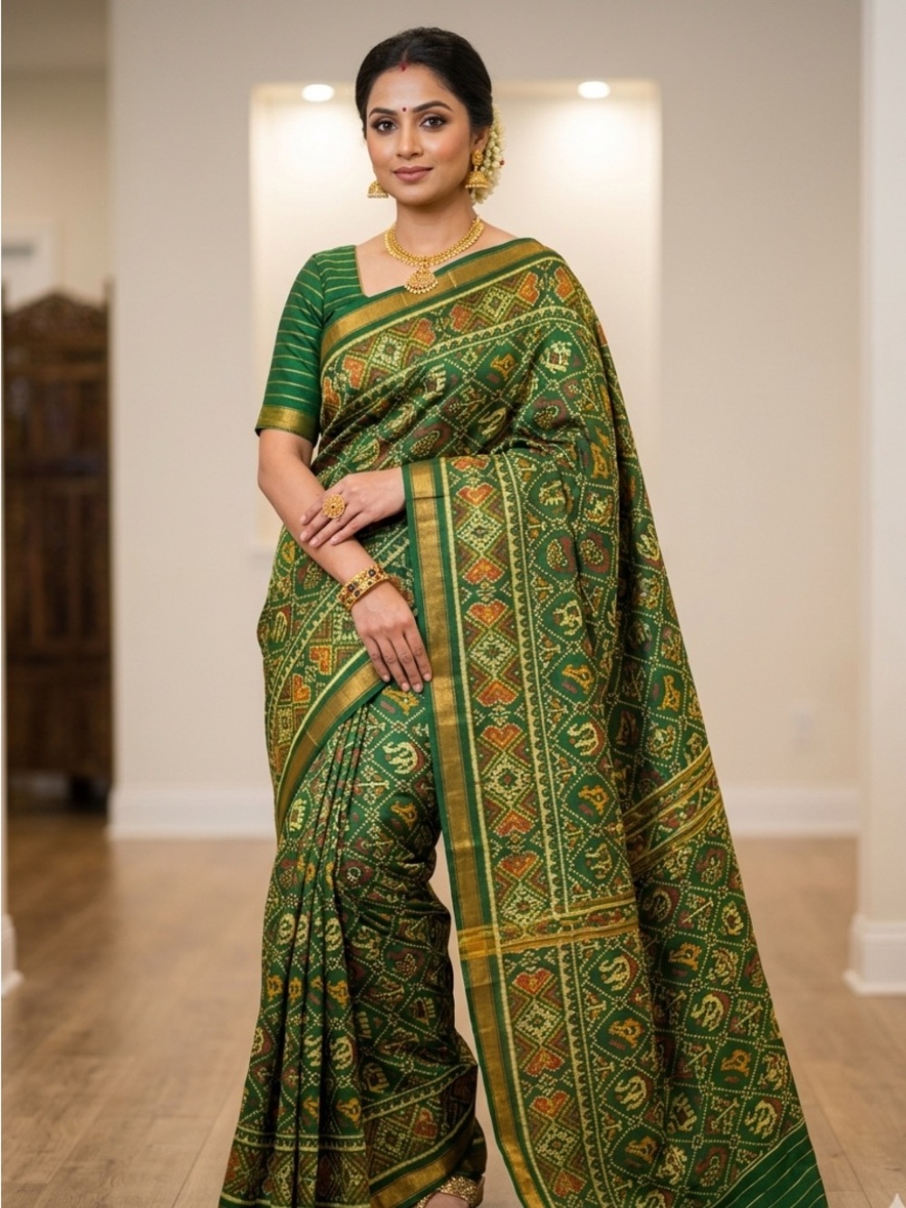 Women’s Green Rajkot  Patola pure silk saree with motif